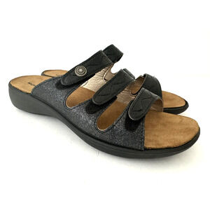 Romika Ibiza Slide Sandals Eur 42 Black Leather Low Wedge Cushioned Arch Support